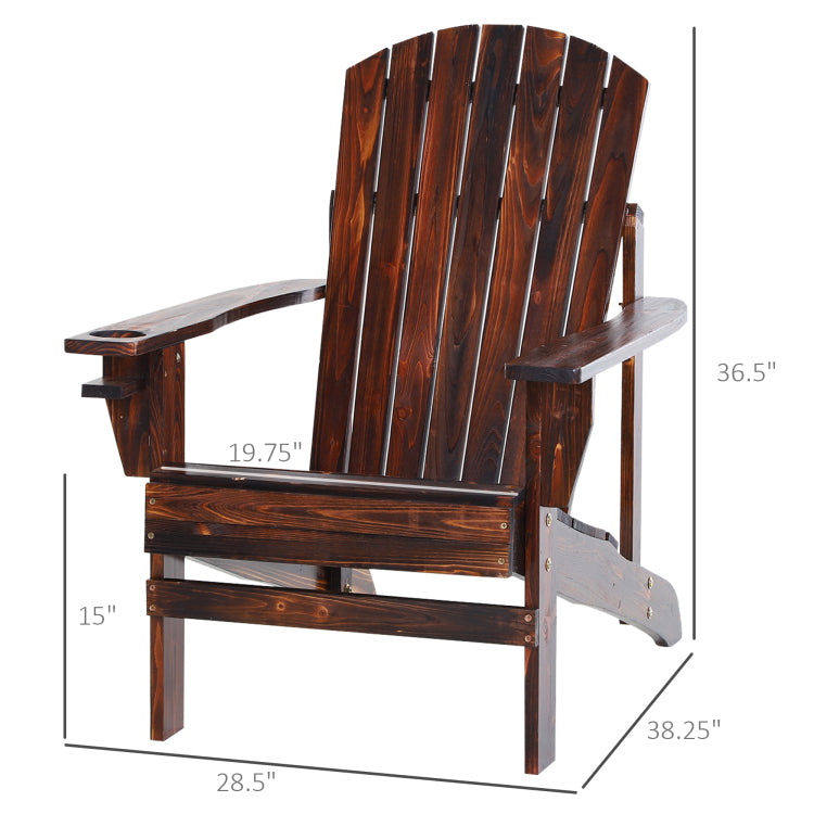 Outsunny Wooden Adirondack Chair, Outdoor Patio Lawn Chair With Cup Holder, Weather Resistant Lawn Furniture, Classic Lounge For Deck, Garden, Backyard, Fire Pit, Brown