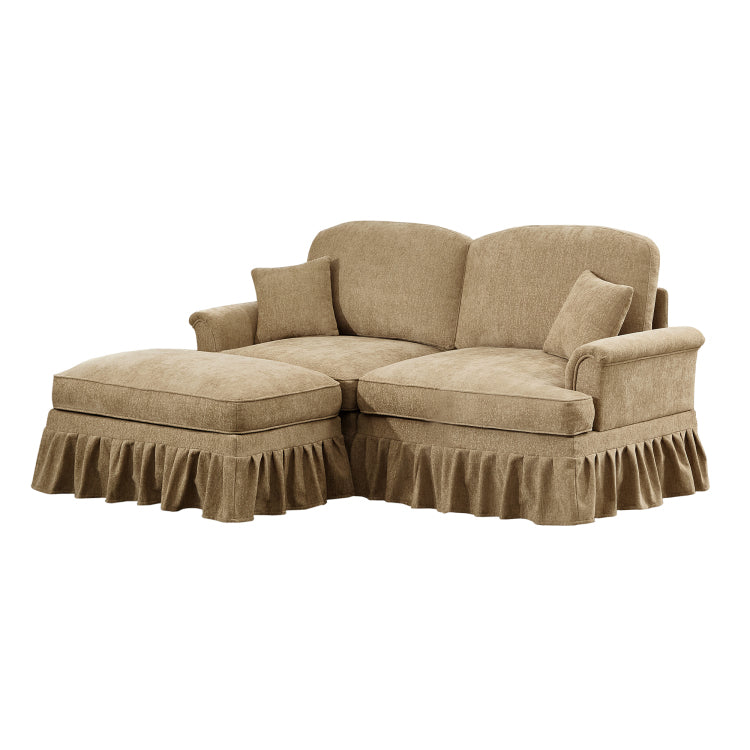 Elegant Mid Century Large Two Seater Modular L Shaped Sofa Couch With Flared Arms And Removable Ruffles Pleats Skirts And Spindle Legs, Comfy Chenille Loveseat Sofa With Movable Ottoman,Light Coffee