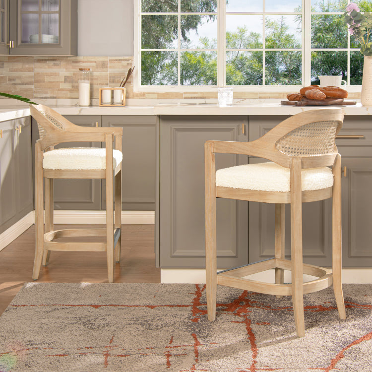 Americana Mid Century Modern 26" Cane Back Counter Stool, Ivory White Boucle