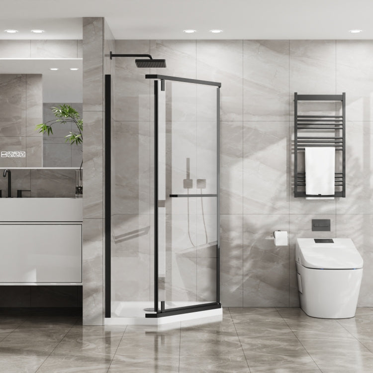Goodyo Neo Angle Frameless Shower Door 36 In. D X 36 In. W X 72 In. H Corner Shower Enclosure With White Acrylic Shower Base Combo, Pivot Shower Door In Matte Black Finish