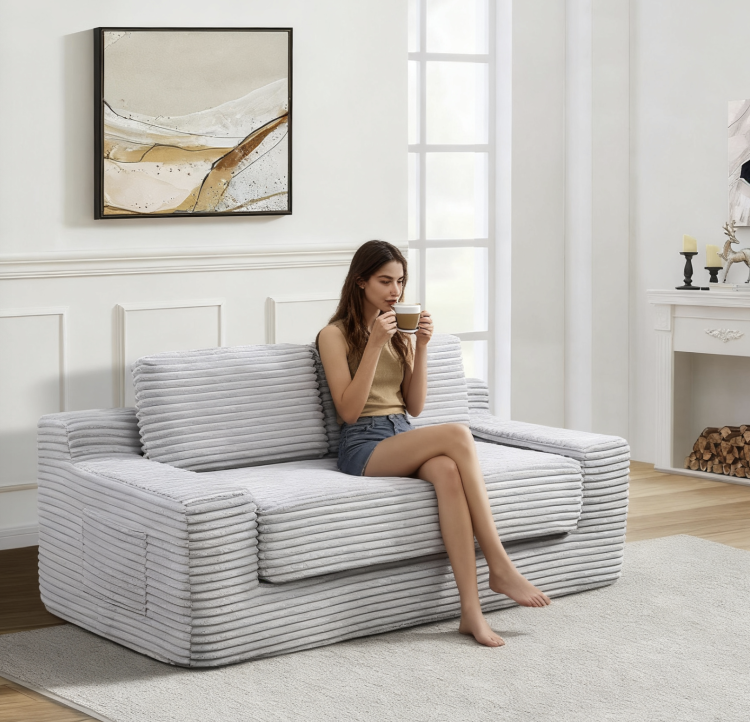 Corduroy Cloud Double Sofa, 2 In 1 Convertible Sofa Bed, Comfortable Boneless Double Sofa, Suitable For Living Room, Apartment, Small Space Grey