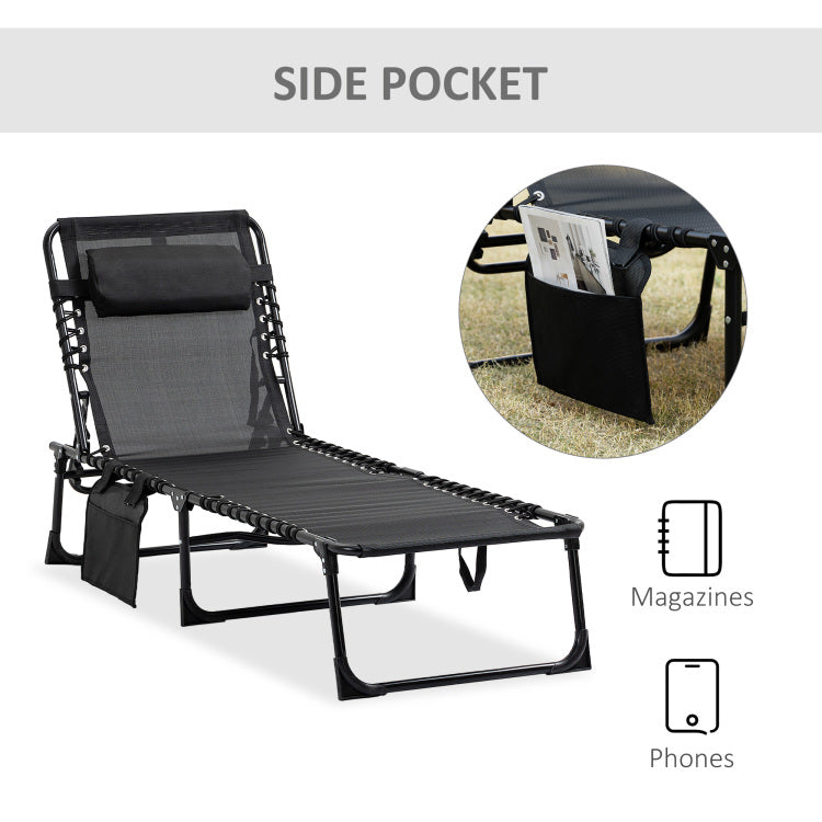 Outsunny Reclining Chaise Lounge Chair, Portable Sun Lounger, Folding Camping Cot, With Adjustable Backrest And Removable Pillow, For Patio, Garden, Beach, Black