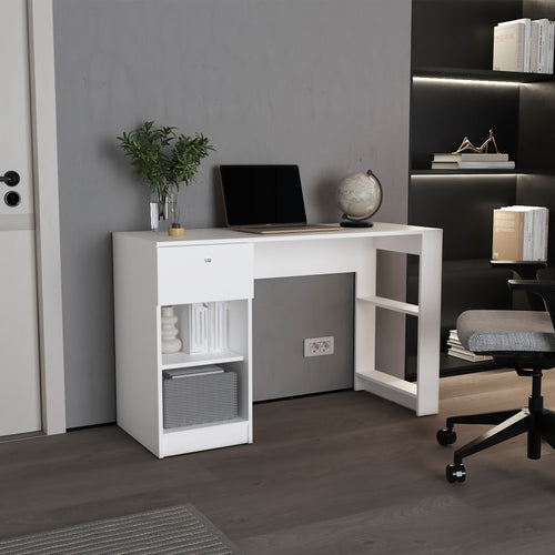 120 Home 47" Wide One Drawer Desk , Four Shelves, Writting Desk, Gamer Desk, Home Office, Living Room White