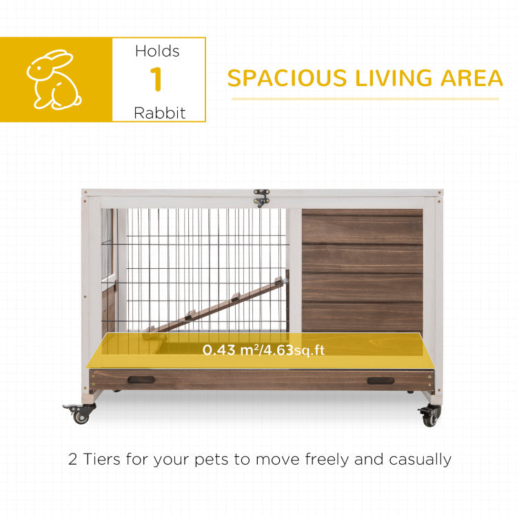 Pawhut Wooden Rabbit Hutch Indoor Outdoor, Elevated Bunny Cage With No Leak Tray Enclosed Run With Wheels, Ideal For Guinea Pigs And Small Animals, Brown