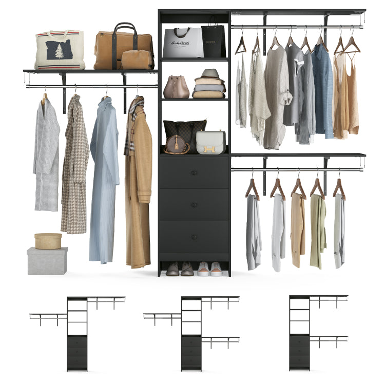 Closet Organizer High Capacity Wardrobe Rack With 3 Drawers, Shelves & Expandable Hanger Rods, Fits 6 9 Ft Spaces, Durable & Stylish 96" L X 16" W X 75" H, Supports Up To 1000 Lbs
