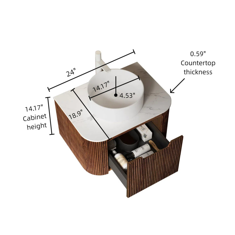 Dina 24" Bathroom Vanity With Sink, Wall Mounted Floating Curved Edges Striped Bathroom Storage Cabinet With Drawer, White Ceramic Basin Without Faucet, Pre Assembled, Dark Walnut Woodgrain Color