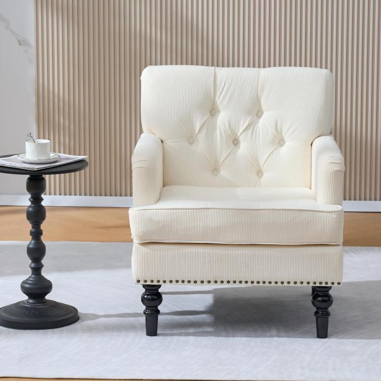Tufted Club Chair, Accent Chair, Upholstered Button Armchair, Linen Fabric Corduroy Sofa Chairs For Bedroom, Living Room, Mid Century Modern With Studded Reading Chair Beige