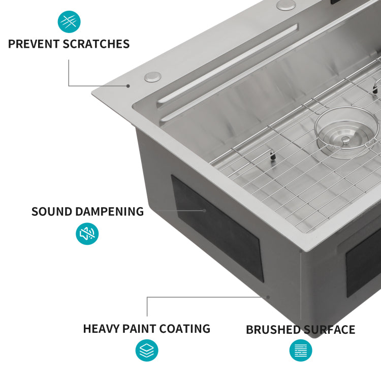 33" Drop In Waterfall Kitchen Sink 33*22*10 Inch Single Bowl 16 Gauge Stainless Steel Ledge Workstation Kitchen Sinks With Pull Down Faucet & Cup Washer