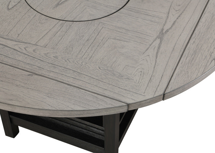 1Pc Farmhouse Contemporary Counter Height Table With Storage Single Pedestal Round Black Gray Natural Grain Integrated Turntable Drop Leaves And Built In Shelving