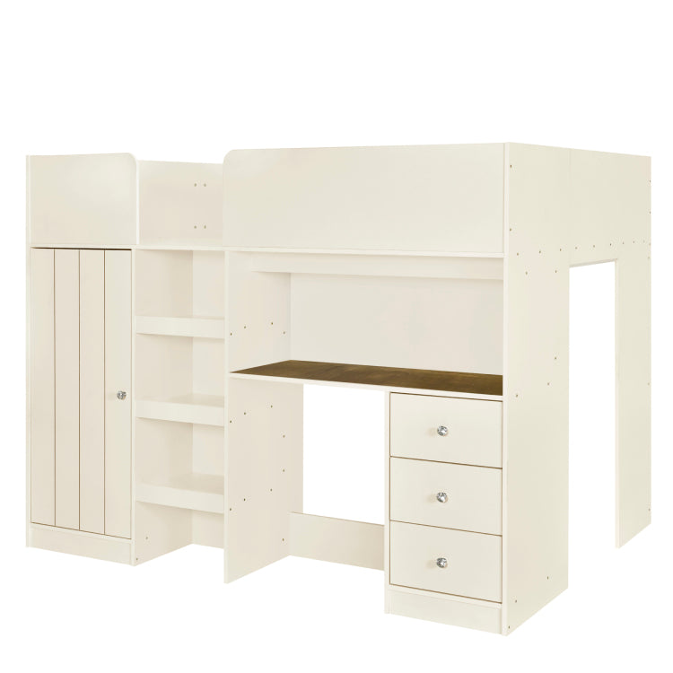 Wood Full Size Loft Bed With Built In Wardrobe, Desk, Storage Shelves And Drawers, Beige