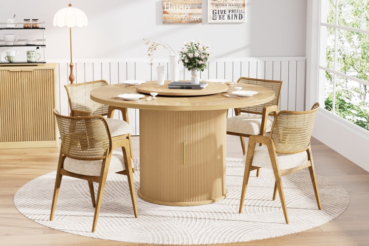 55 Inch Round Dining Table For Six, Featuring A Double Tiered Storage Rack And A Rotating Tabletop Tray. Wooden Wavy Striped Sliding Doors. Ideal For Home Dining Room Living Room Natural
