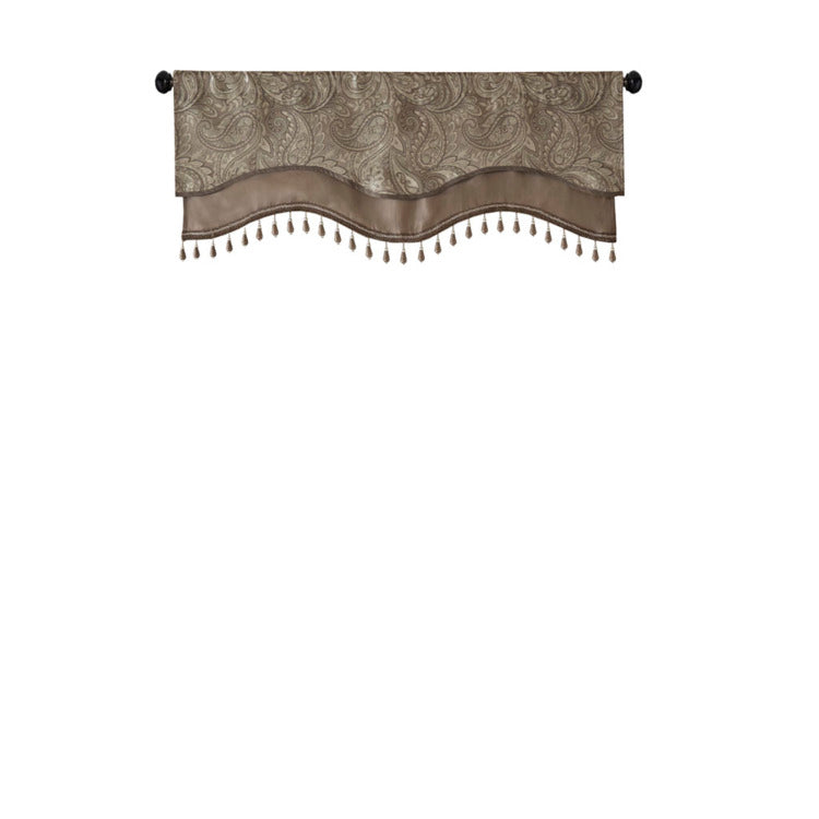 Jacquard Window Rod Pocket Valance With Beads Blue Brown 50X18"