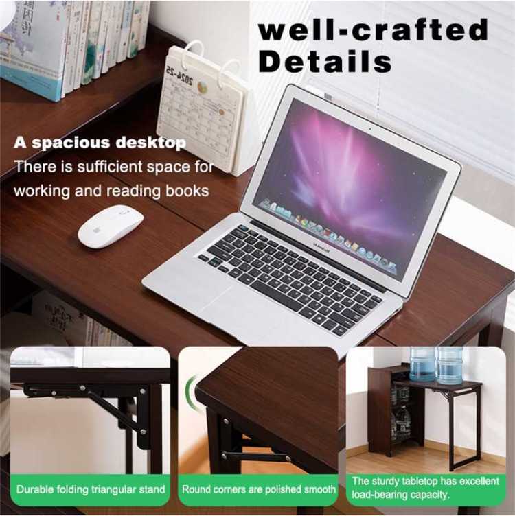 Bamboo Folding Desk, Foldable Desk For Small Space, Computer Desk With Hidden Storage, Mid Century Foldable Table For Home Office And Bedroom Walnut Brown