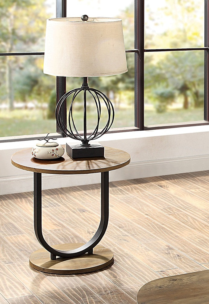 Industrial Style 3Pc Coffee Table Rustic Oak And Sand Black Finish U Shape Base Steel 1X Oval Coffee Table 2X Round End Table Replicated Wood Top