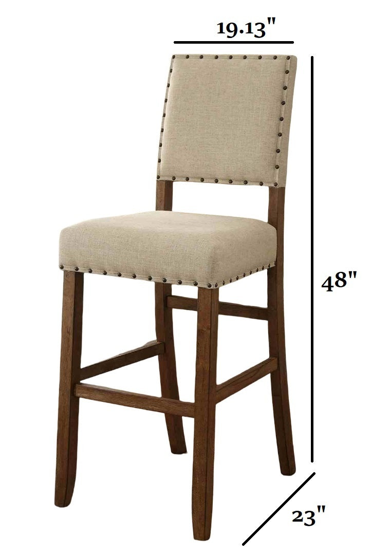 Rustic Style 2Pc Bar Chair Padded Seat And Back Nailhead Trim Rustic Oak Finish Dining Room