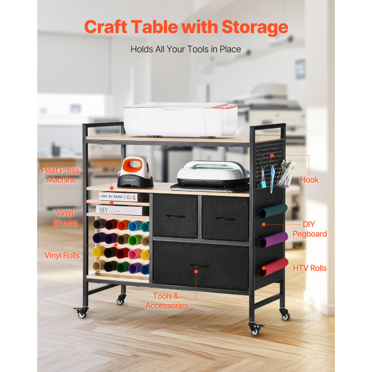 Rolling Craft Cart And Storage Table With 20 Vinyl Roll Holders 3 Drawers Black