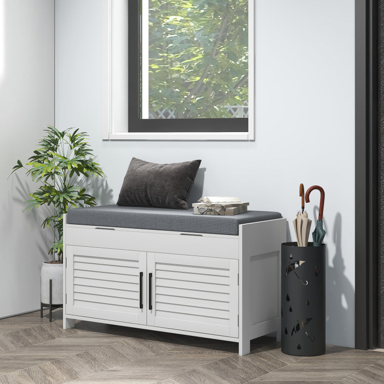 Homcom Shoe Bench, Entryway Bench With Shoe Storage, Cushion, Hidden Compartments, Adjustable Shelves And Shutter Doors, 35.4" Shoe Organizer For Entryway, Hallway, Holds Up To 352 Lbs., White