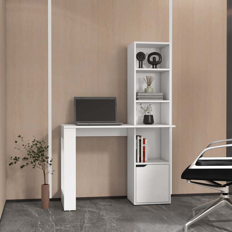 White Computer Desk With 4 Tier Bookcase And 1 Door Cabinet
