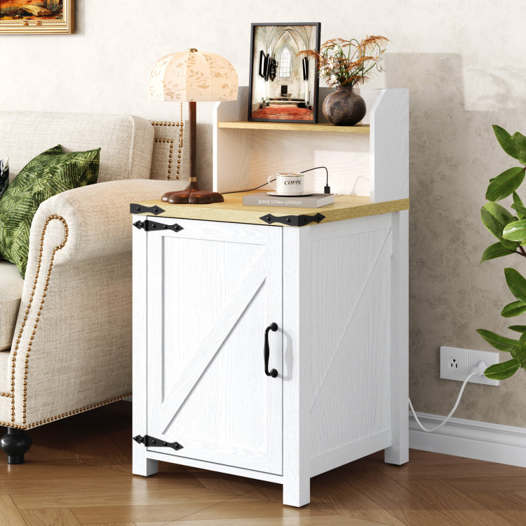 Okd Nightstand With Charging Station, 18 Inch Farmhouse End Table With Barn Door And Adjustable Storage Shelf, Rustic Wood Sofa Side Table W Magnetic Door For Living Room, Bedroom, Antique White