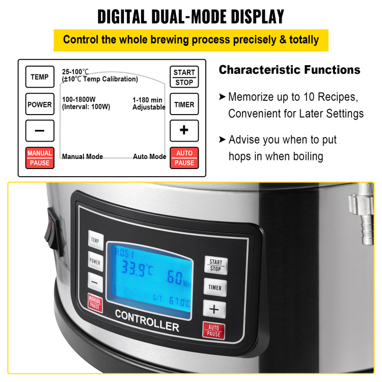 Electric Brewing System, 9.2 Gal 35 L Brewing Pot, All In One Home Beer Brewer W Pump, Mash Boil Device W Panel, Auto Manual Mode 100 1800W Power 25 100 Temp 1 180 Min Timer Recipe Memory