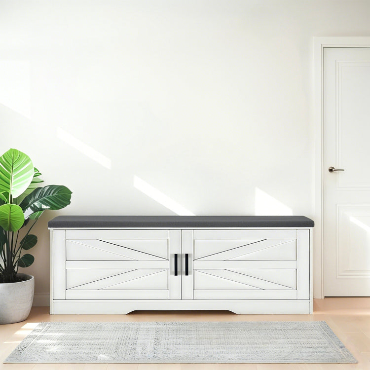 2 Tier Storage Bench, Farmhouse Shoe Bench With Padded Seat Cushion, Entryway Bench With 2 Barn Doors & 2 Adjustable Shelves, 13.75" D X 39.4" W X 17.72" H, For Entryway, Bedroom, Living Room, White