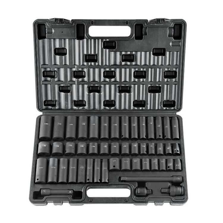 3 8 Inch Drive Impact Set, 48 Piece Socket Set Sae 5 16" 3 4" And Metric 8 22Mm 6 Point Cr V Drive Extension Bar Universal Joint & Drill Adapter, With Storage Case