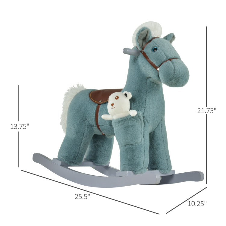 Qaba Kids Plush Ride On Rocking Horse With Bear Toy, Children Chair With Soft Plush Toy & Fun Realistic Sounds, Blue