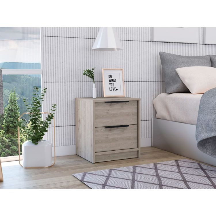 Kaia Nightstand , End Table, Side Table Two Drawers, Metal Handle Light Gray