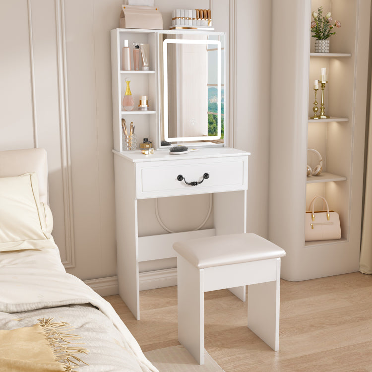 Modern Mini Dressing Table With Led Lit Mirror & Hidden Storage,Includes Padded Stool,Adjustable Brightness Vanity Desk,Multi Tier Dust Proof Shelves,White