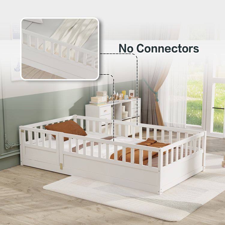 Twin Size Floor Bed, Integral Construction With Super High Security Barrier, Door, Children'S Floor Bed Frame, Montessori Wooden Children'S Floor Bed, White Patented Model