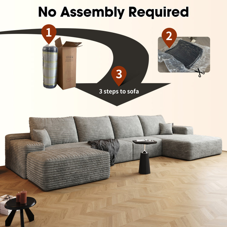 135" Cloud Sectional Sofa With 1 Ottoman,Modern Minimalist Upholstered Couches, Comfort U Shaped Sofa For Living Room,Deep Seat Corner Couch,No Assembly Required ,Grey Plush Corduroy Fabric