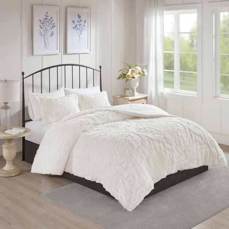 3 Piece Tufted Cotton Chenille Damask Comforter Set Off White Full Queen