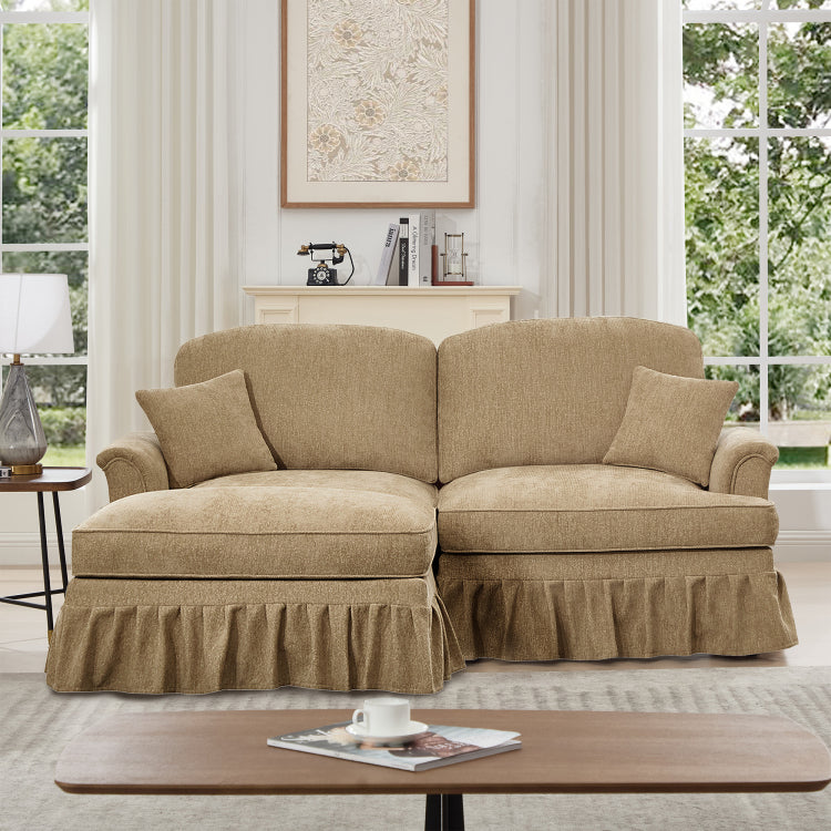 Elegant Mid Century Large Two Seater Modular L Shaped Sofa Couch With Flared Arms And Removable Ruffles Pleats Skirts And Spindle Legs, Comfy Chenille Loveseat Sofa With Movable Ottoman,Light Coffee