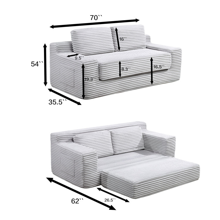 Corduroy Cloud Double Sofa, 2 In 1 Convertible Sofa Bed, Comfortable Boneless Double Sofa, Suitable For Living Room, Apartment, Small Space Grey