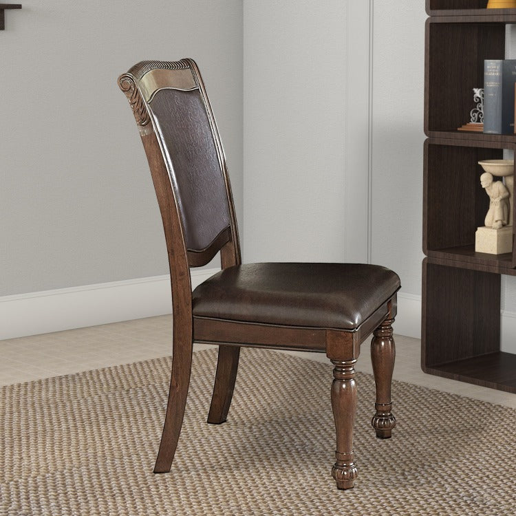 Wood & Leather Dining Side Chair, Cherry Brown & Dark Brown, Set Of 2
