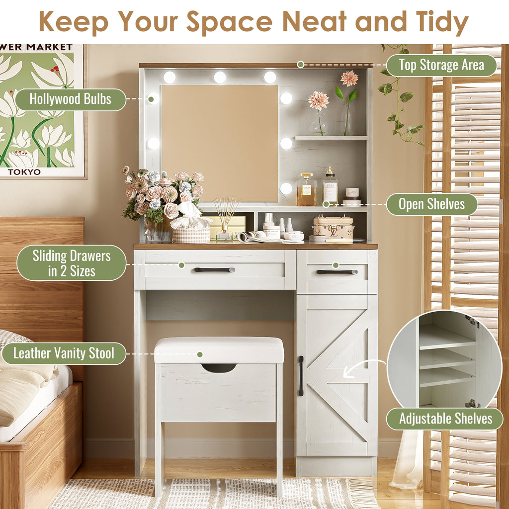 Farmhouse Makeup Vanity Desk With Mirror And Lights, 3 Lighting Modes, Vanity Set With Stool, Dressing Table With Adjustable Shelves,2 Drawers And Side Cabinet For Bedroom, White