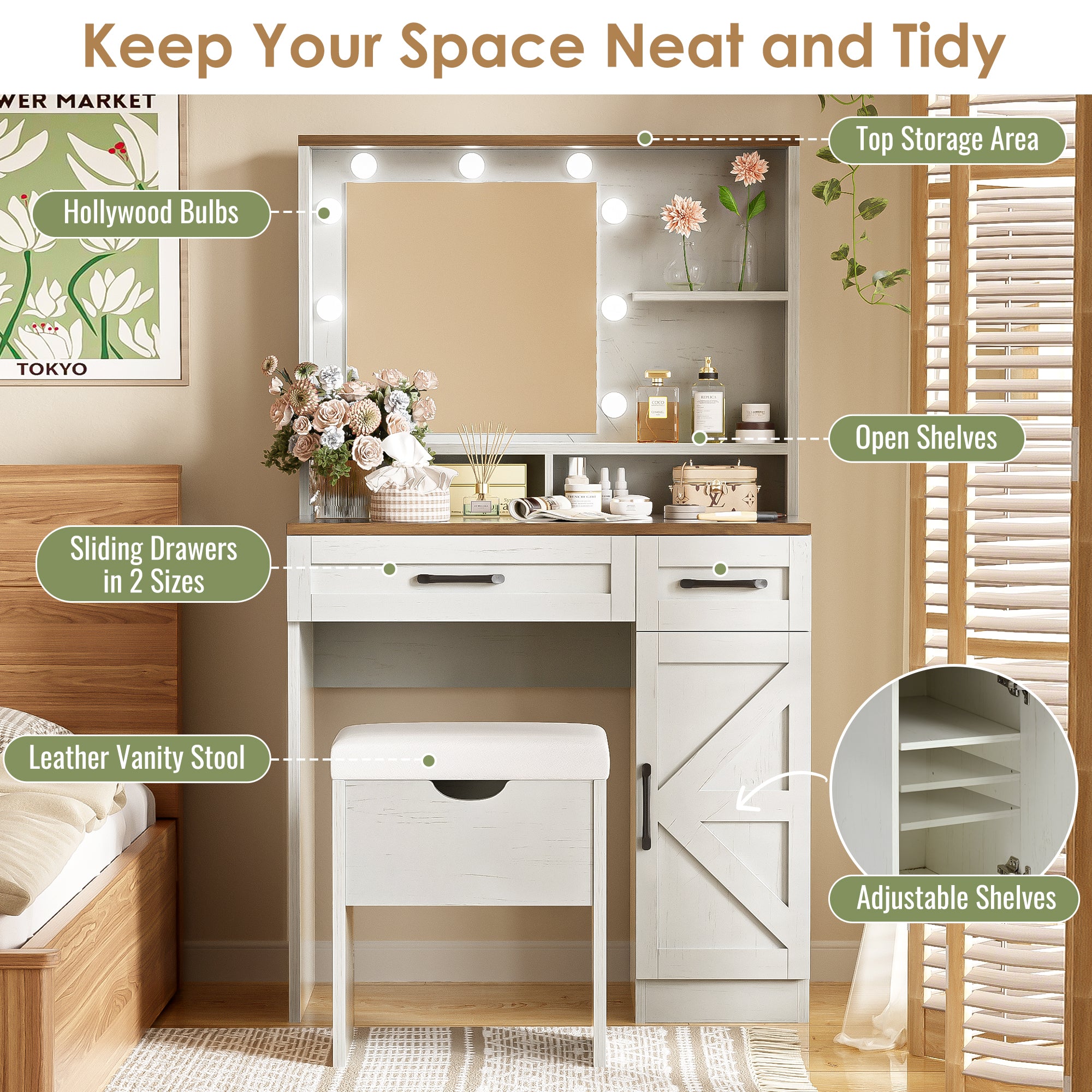 Farmhouse Makeup Vanity Desk With Mirror And Lights, 3 Lighting Modes, Vanity Set With Stool, Dressing Table With Adjustable Shelves,2 Drawers And Side Cabinet For Bedroom, White