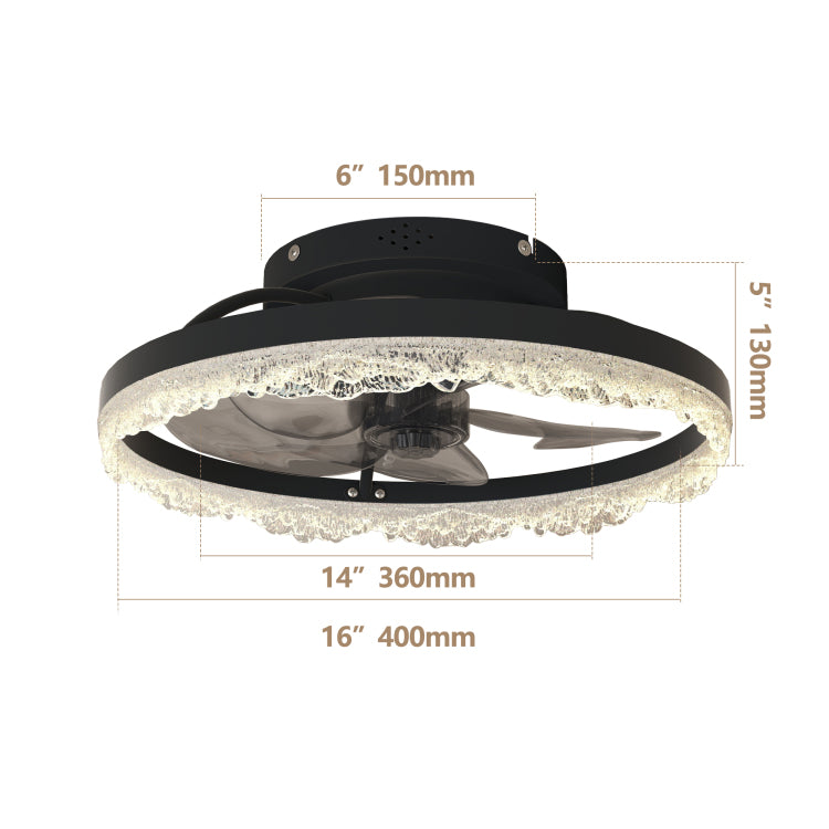 16" Decorative Led Light Modern Flush Mount With Crystal Inspired Acrylic Ring, Hidden Blades, Remote Control, And Dimmable Light For Stylish Homes Black