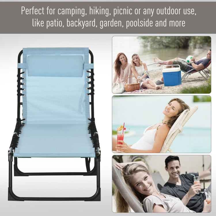 Outsunny Folding Chaise Lounge Pool Chair, Patio Sun Tanning Chair, Outdoor Lounge Chair W 4 Position Reclining Back, Pillow, Mesh & Bungee Seat For Beach, Yard, Patio, Baby Blue
