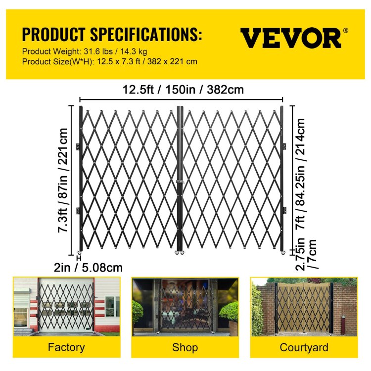 Double Folding Security Gate, 7.1' H X 12.5' W Folding Door Gate, Steel Accordion Security Gate, Flexible Expanding Security Gate, 360 Rolling Barricade Gate, Scissor Gate Or Door With Keys