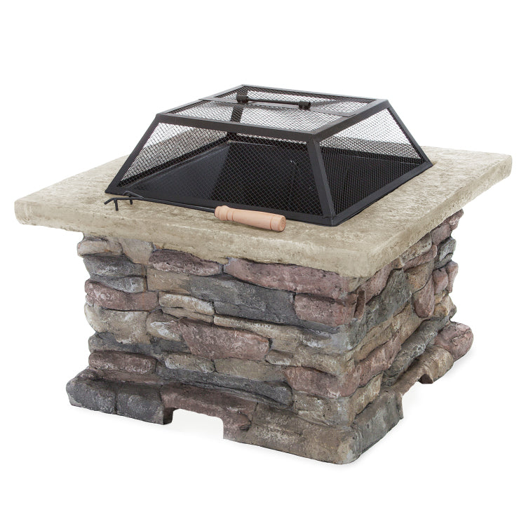 28" Mgo Wood Burning Outdoor Fire Pit With Lid Natural Stone