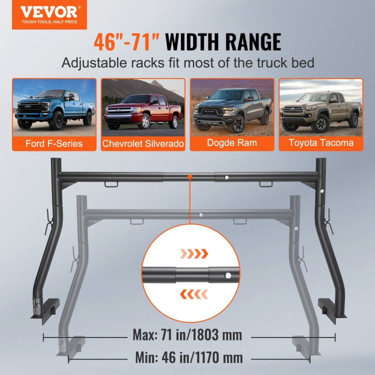 Truck Rack, 46 71Inch Extendable Truck Ladder Rack, 800 Lbs Capacity Steel Ladder Rack For Truck With Non Drilling J Bolts, Heavy Duty Truck Bed Rack For Kayak, Surfboard, Lumber, Ladder