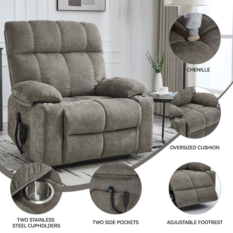Brown Dual Motor Infinite Position Up To 350 Lbs Chenille Power Lift Recliner Chair, Heavy Duty Motion Mechanism With 8 Point Vibration Massage And Lumbar Heating, Dual Cup Holders