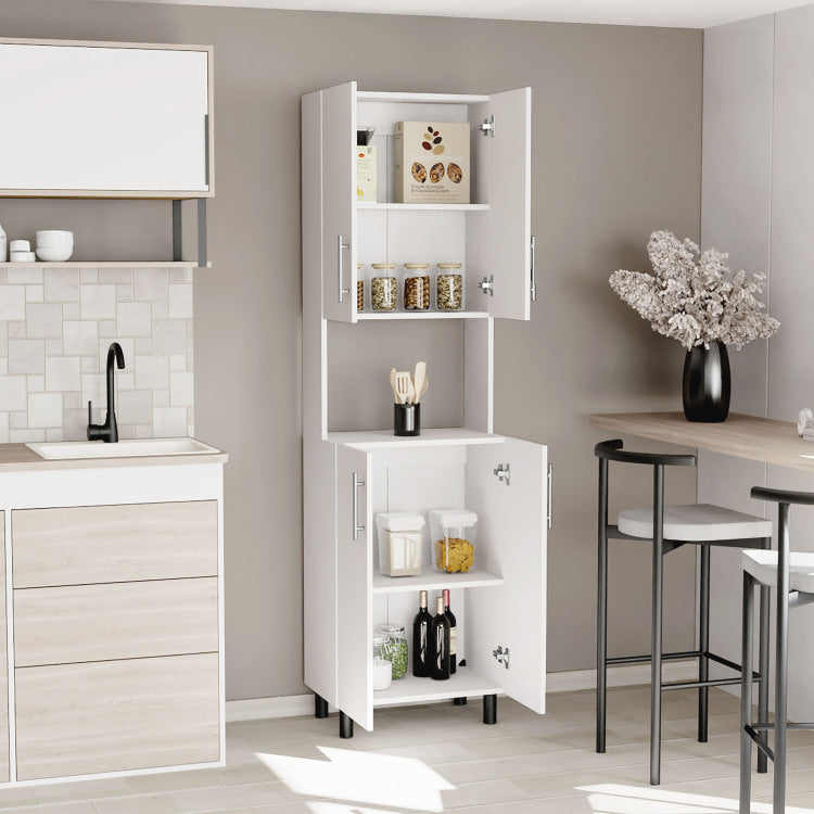 Linden 76,8" Tall Two Double Door Cabinet Kitchen Pantry With Hutch And Five Shelves, Microwave Cabinet, Storage Cabinet, Kitchen Organization, Garage Cabinet, Kitchen White
