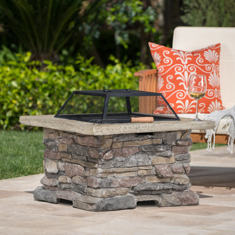 28" Mgo Wood Burning Outdoor Fire Pit With Lid Natural Stone