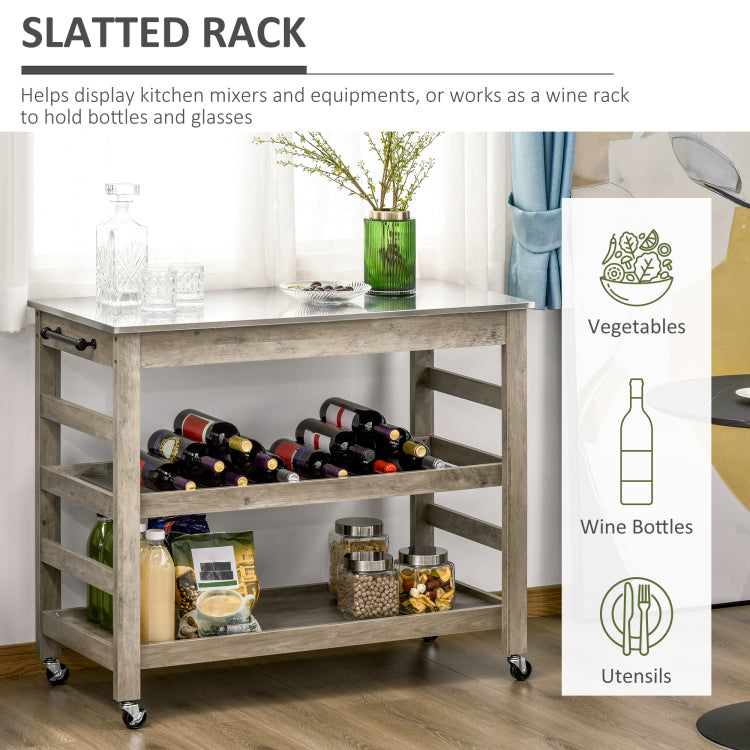 Homcom Rolling Kitchen Cart With Stainless Steel Countertop, 1 Bottom Shelf, 1 Slotted Middle Shelf And 4 Castor Wheels, Grey