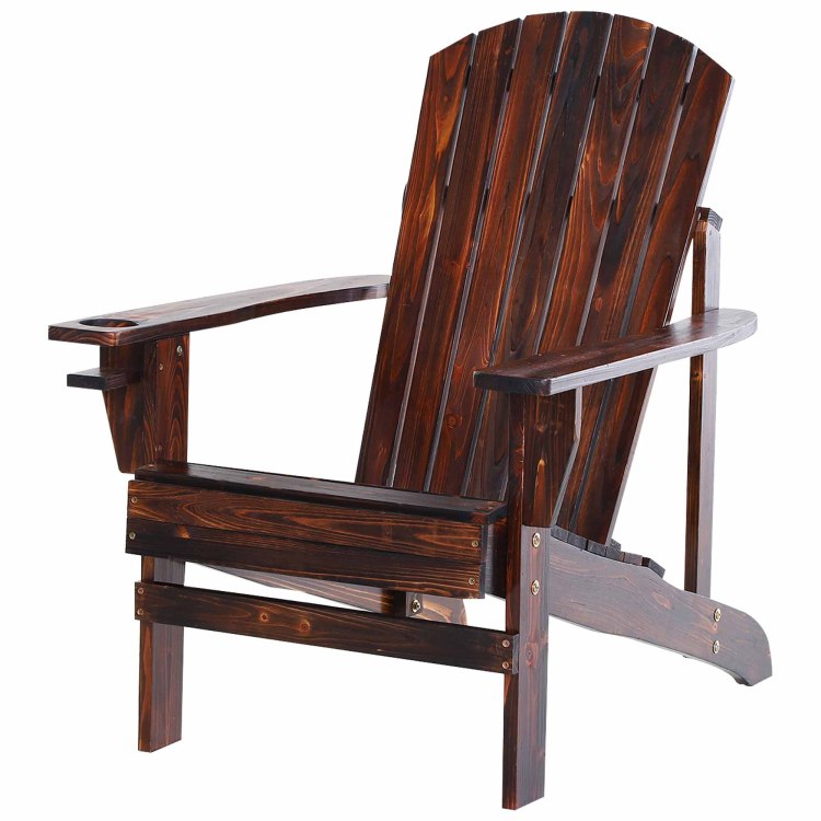 Outsunny Wooden Adirondack Chair, Outdoor Patio Lawn Chair With Cup Holder, Weather Resistant Lawn Furniture, Classic Lounge For Deck, Garden, Backyard, Fire Pit, Brown