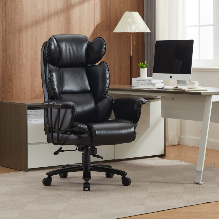 Big And Tall Office Chair 500Lbs, Ergonomic High Back Leather Executive Desk Chair For Heavy People, Wide Seat & Lumbar Support, Clamshell Armrests Black