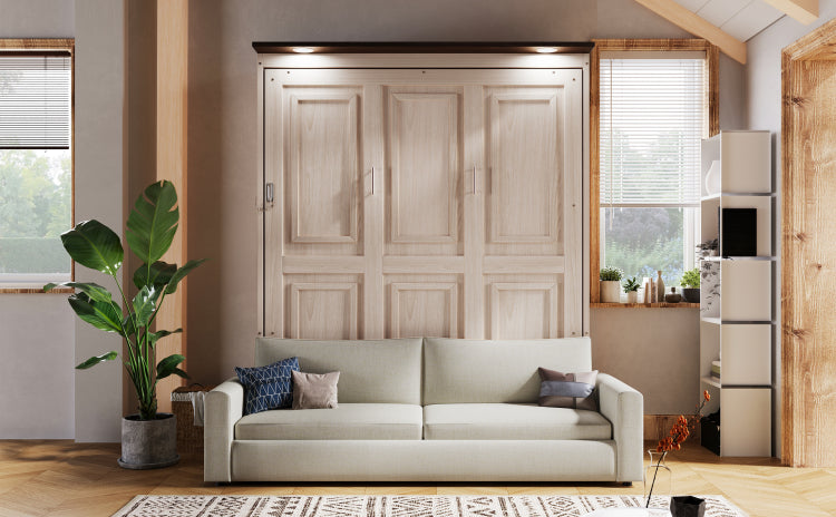 Queen Size Murphy Bed With Sofa And Led, Beige