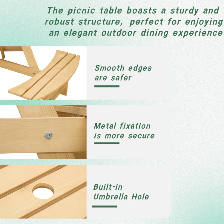 Outdoor 6 Person Picnic Table, 6 Person Round Picnic Table With 3 Built In Benches, Umbrella Hole, Outside Table And Bench Set For Garden, Backyard, Porch, Patio, Natural
